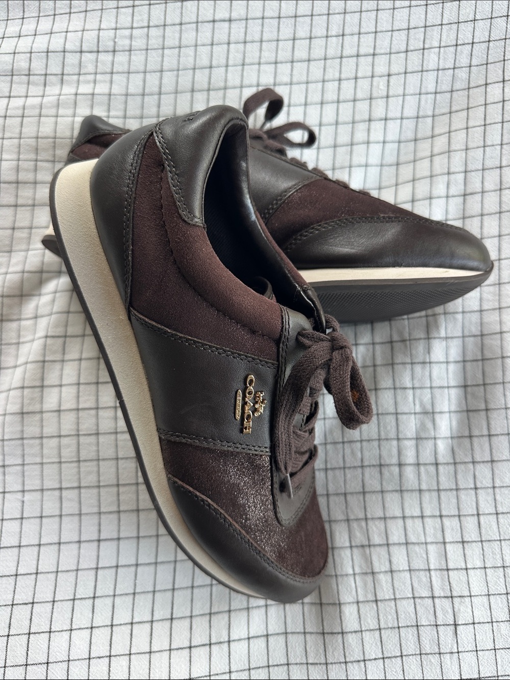 Coach Raylen Sneakers Dark Brown Leather‎ Suede Metallic Women’s 8.5